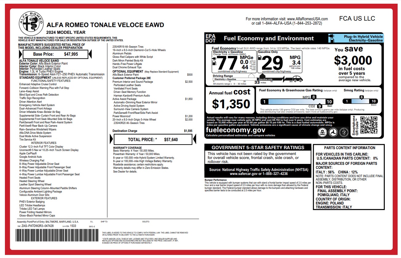 New 2024 Alfa Romeo Tonale Veloce For Sale (Special Pricing)